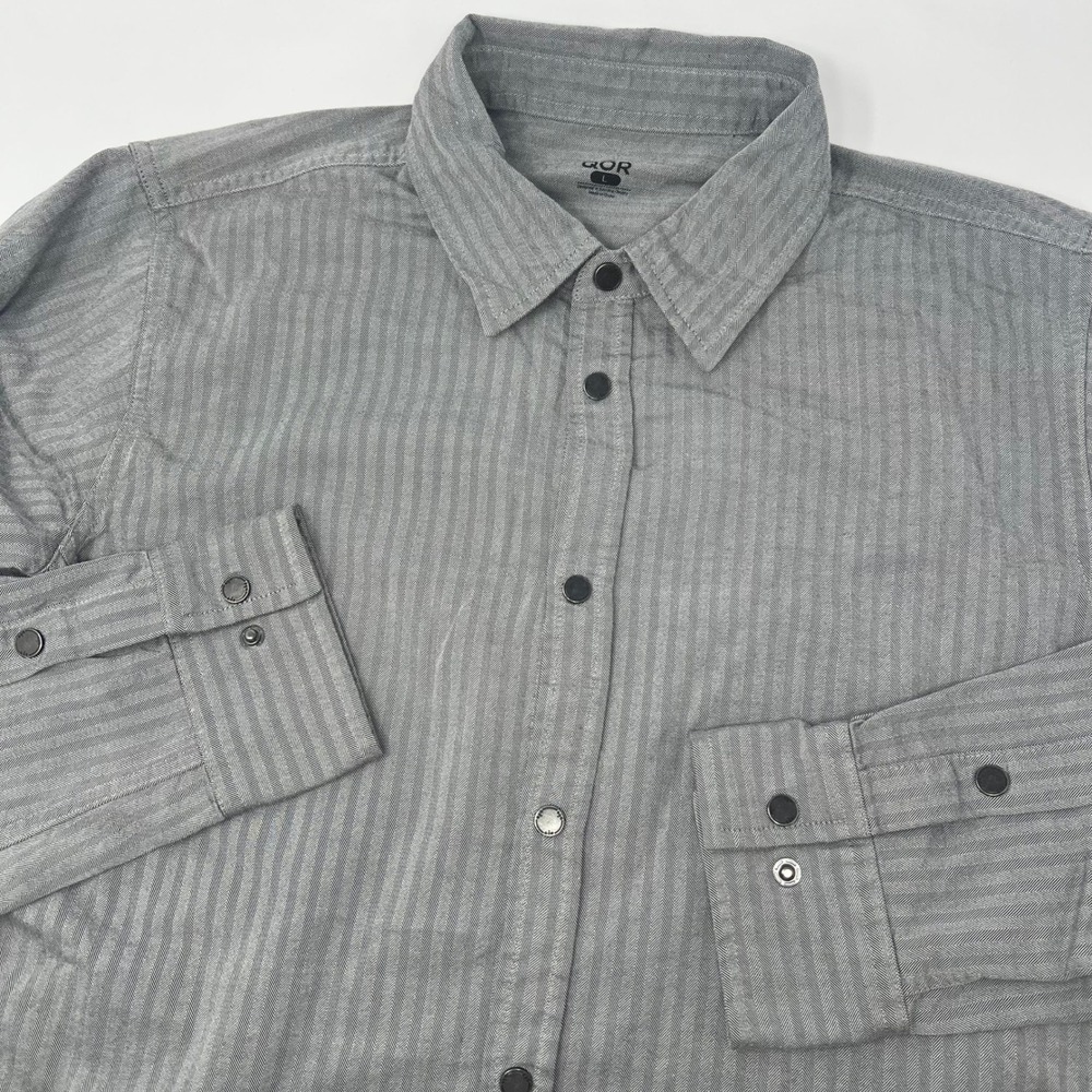 QOR Mens Organic‎ Cotton Merino Wool Herringbone Snap Front Shirt Grey Large